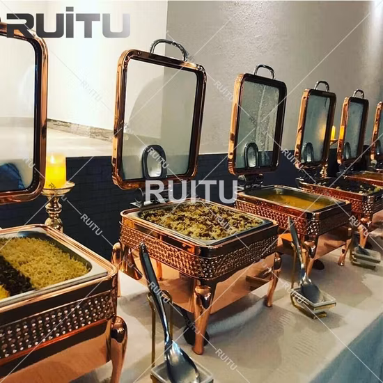 Hotel-Küchenausrüstung, Tischgeschirr, Roségold vergoldet, Chaffing Dish, Buffet, elektrische Heizung, Gastronomie, Edelstahl, Handhammer, Chafing Dish, Speisenwärmer